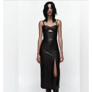 Zara Black Faux Leather Cutout Midi Dress with Side Slit | Size Small
